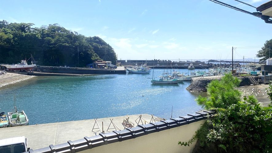 天然温泉下田須崎の割烹民宿小はじ(下田市)の部屋から須崎の港が見える様子