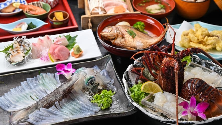 海辺の宿 清力の玄界灘の贅-天然魚の刺身、伊勢海老、イカ等、魚好きにはたまらない会席